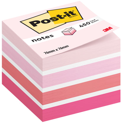 Egy halom Post-it® Notes kocka, 76 mm x 76 mm, 450 lap blokkonként, a 3M Deutschland GmbH-tól. Rózsaszín, fehér és barack árnyalatokban; a csomagolás a "Post-it" logót viseli, és a 100%-os PEFC-tanúsítványra utal.