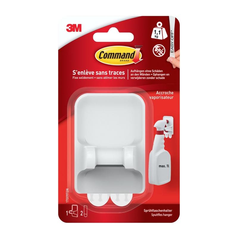 A 3M Deutschland GmbH Command™ permetezőpalack akasztója (17009) piros-fehér csomagolásban van, francia szöveggel, permetezőpalack ábrával és reklámozza ezt a helytakarékos akasztót ragasztószalaggal.