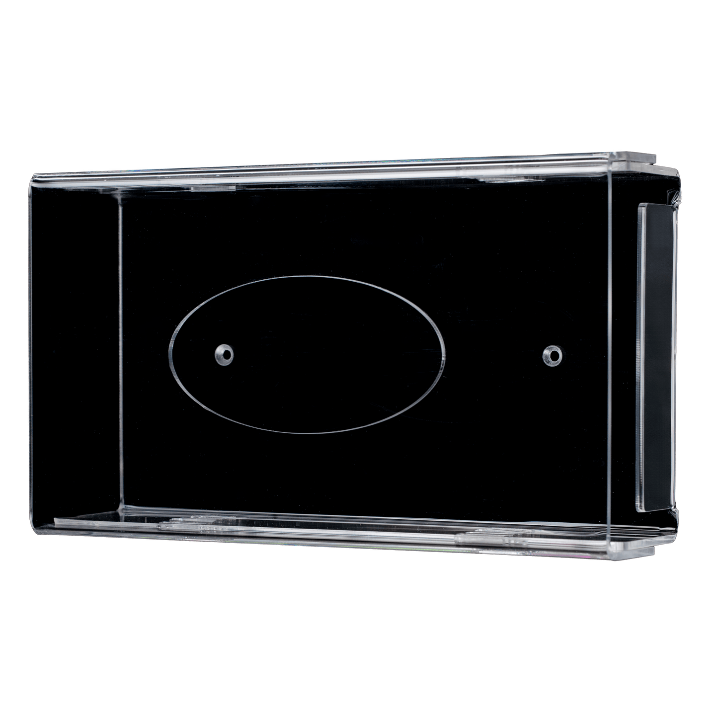 Az AMPri egyszer használatos kesztyű adagoló egy átlátszó, tejszerű akril falitartó (250 x 135 x 55-90 mm) két csavarfurattal és egy ovális középrésszel, fehér háttér előtt ábrázolva.