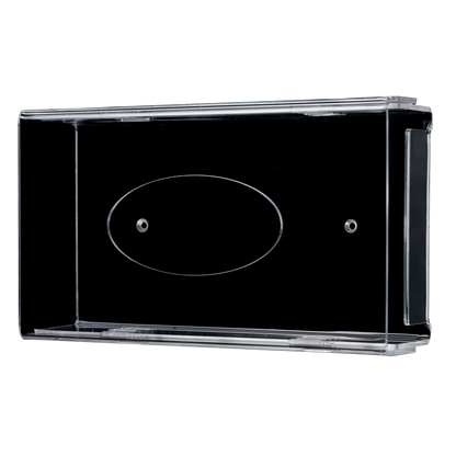 Az AMPri egyszer használatos kesztyű adagoló egy átlátszó, tejszerű akril falitartó (250 x 135 x 55-90 mm) két csavarfurattal és egy ovális középrésszel, fehér háttér előtt ábrázolva.