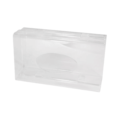 Az AMPri Handelsgesellschaft mbH átlátszó, tejszerű akril egyszer használatos kesztyű adagolója (250 x 135 x 55-90 mm) zárt és üres állapotban, egy egyszerű fehér háttér előtt, felnyitható fedéllel látható, ideális a kesztyűk rendezett tárolásához.