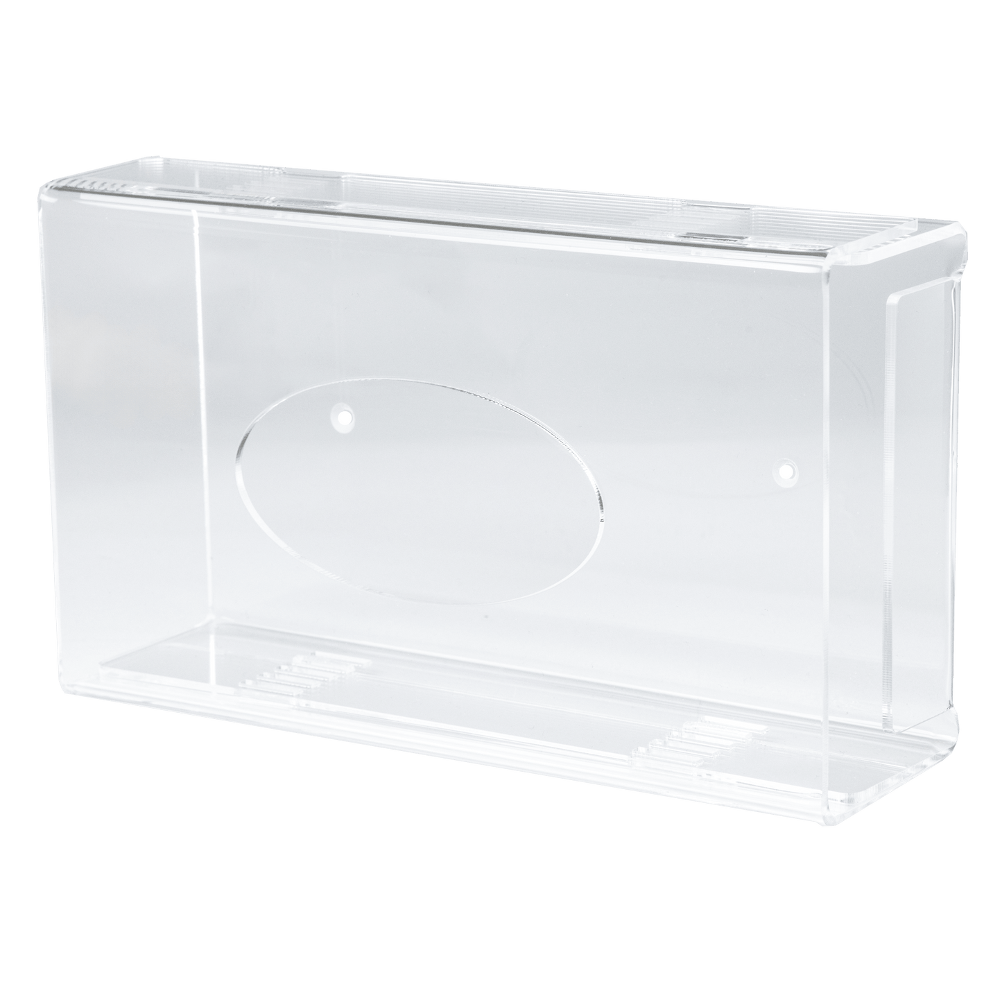 Az AMPri egyszer használatos kesztyű adagoló egy átlátszó, tejszerű akril adagolótartó (250 x 135 x 55-90 mm) sima élekkel és egyik oldalán egy ovális mélyedéssel, egyszerű fehér háttér előtt ábrázolva.