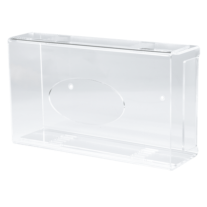 Az AMPri egyszer használatos kesztyű adagoló egy átlátszó, tejszerű akril adagolótartó (250 x 135 x 55-90 mm) sima élekkel és egyik oldalán egy ovális mélyedéssel, egyszerű fehér háttér előtt ábrázolva.