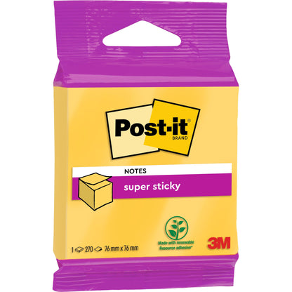 Egy csomag Post-it® Super Sticky Notes kocka a 3M Deutschland GmbH-tól, 76 mm x 76 mm, 100% PEFC jelzéssel, 270 cetlit tartalmaz, és sárga-lila, megújuló nyersanyag logóval nyomtatva.