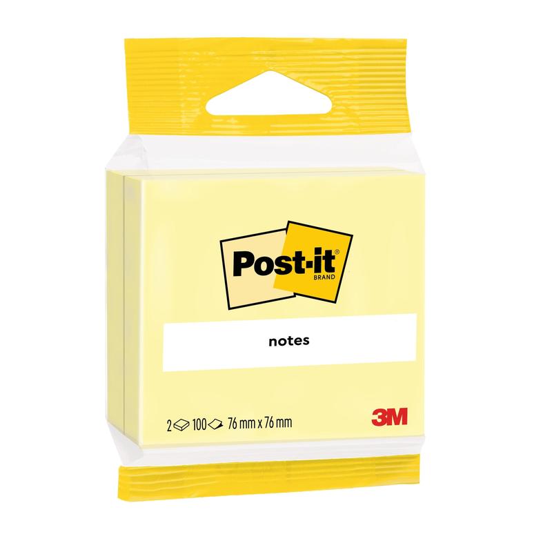 Egy csomag sárga Post-it® Notes (76 mm x 76 mm), amely 2 tömbből áll, mindegyik 100 lapot tartalmaz, a 3M Deutschland GmbH-tól; sárga és fehér csomagolásban, Post-it®- és 3M-logóval. 100% PEFC-tanúsítvánnyal.