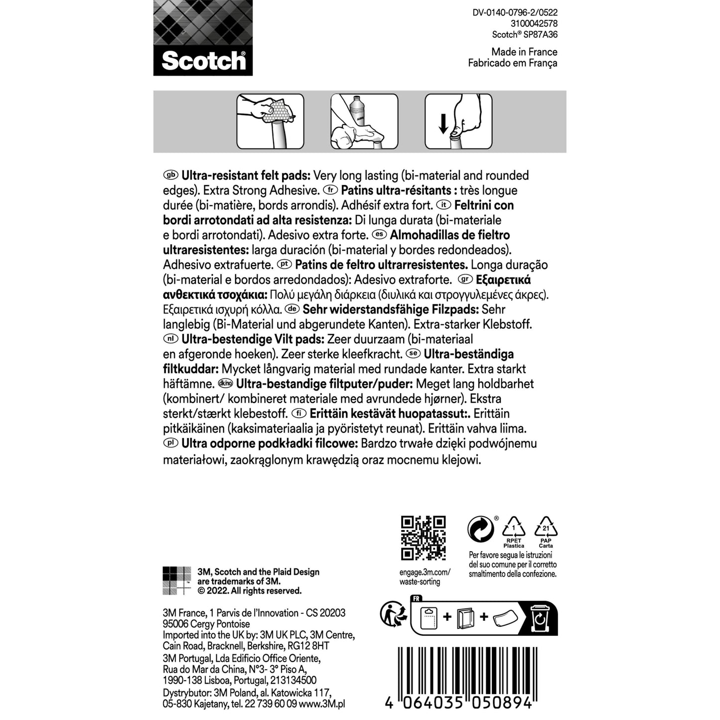 Egy Scotch® Extrém tartós filcpárna SP87A36 csomag hátoldala a 3M Deutschland GmbH-tól, több nyelvű bútorvédelmi információkkal, funkciószimbólumokkal (önragasztó), félkövér szövegkiemelésekkel és vonalkóddal jobb alsó sarokban. Fekete-fehér dizájn.