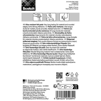 Egy Scotch® Extrém tartós filcpárna SP87A36 csomag hátoldala a 3M Deutschland GmbH-tól, több nyelvű bútorvédelmi információkkal, funkciószimbólumokkal (önragasztó), félkövér szövegkiemelésekkel és vonalkóddal jobb alsó sarokban. Fekete-fehér dizájn.