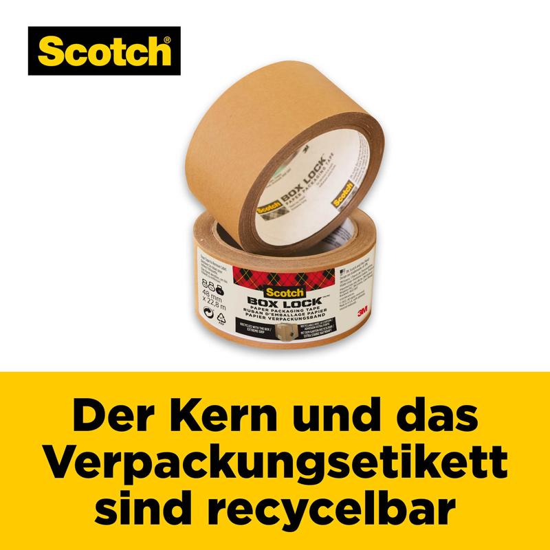 Egy tekercs Scotch® Box Lock™ papír csomagolószalag (48 mm x 22,8 m) a 3M Deutschland GmbH-tól látható címkével. A szöveg az újrahasznosítható hüvelyre és csomagolási címkére utal. Sárga háttér, Scotch logó bal felső sarokban.