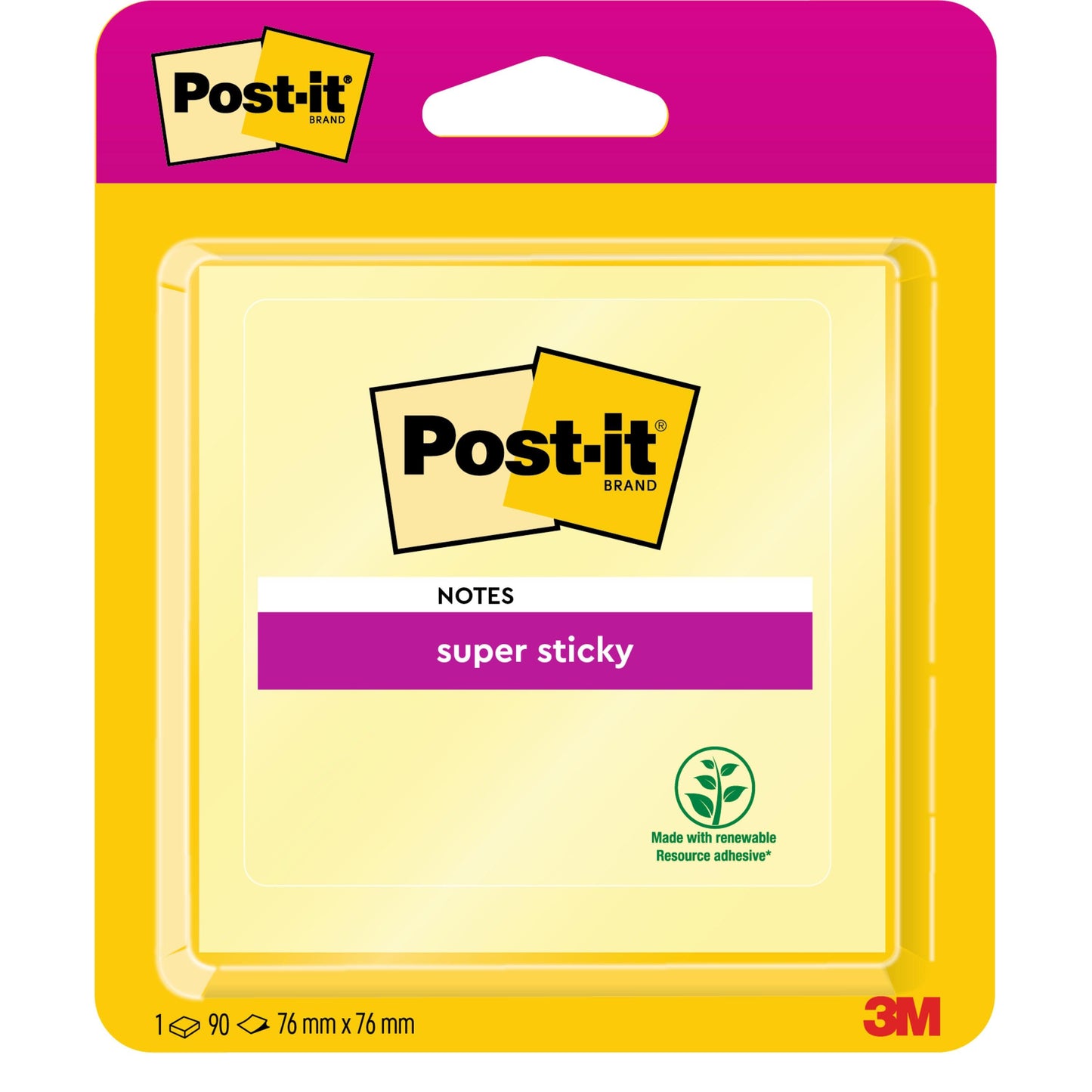 Egy csomag Post-it® Super Sticky Notes, sárga (76 mm x 76 mm, 90 lap), rózsaszín címkével, megújuló nyersanyagokból készült ragasztóval és a 3M Deutschland GmbH logóval jobb alsó sarokban. PEFC-tanúsítvánnyal (SGSCH-PEFC-COC-110078).