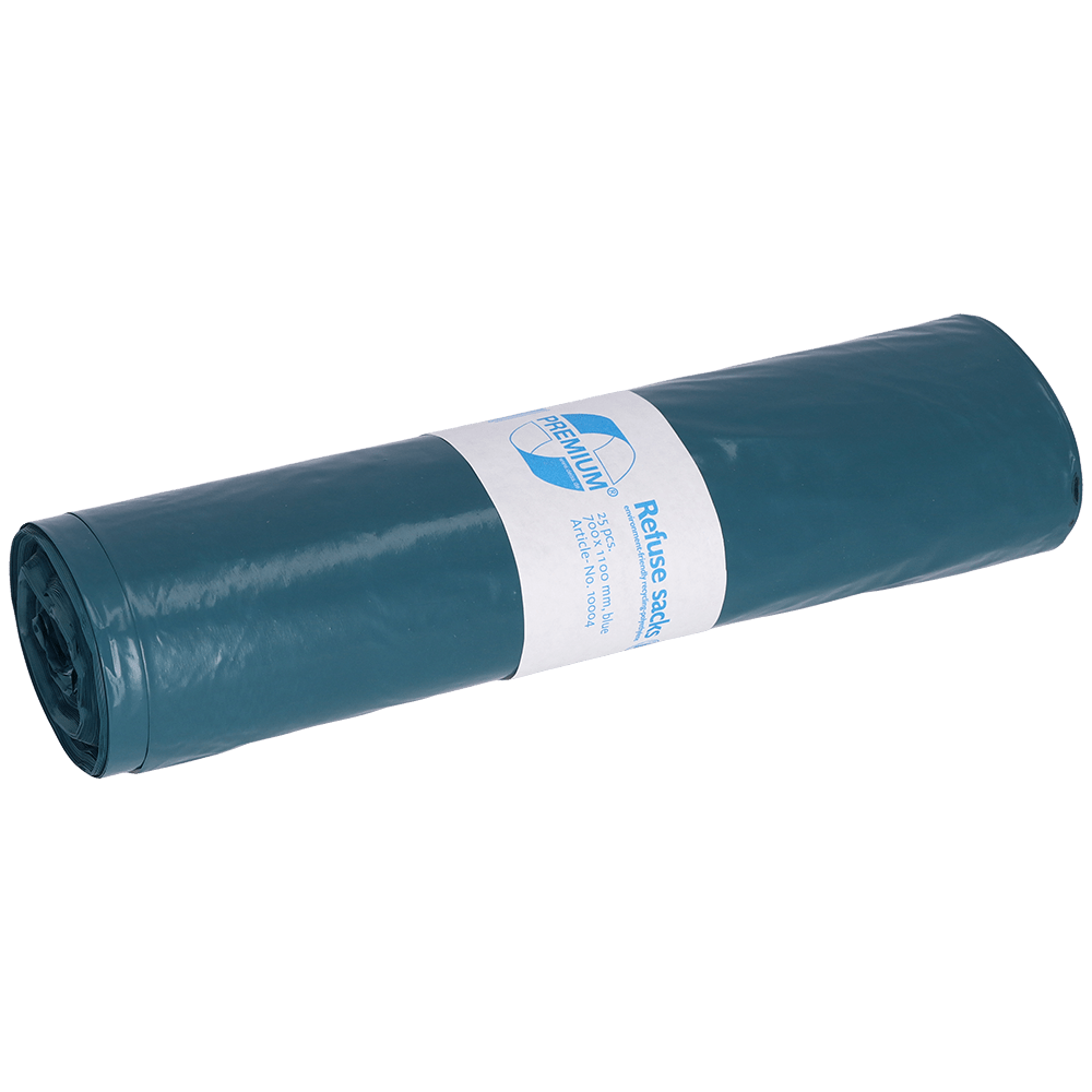 Egy tekercs kék DEISS 10004 szemeteszsák, 60-as típus (700x1100 mm, 25 darab) az EMIL DEISS KG (GmbH + Co.) cégtől, fehér címkével, amely termékinformációkat és egyszerű grafikát tartalmaz, egyszerű fehér háttéren ábrázolva.