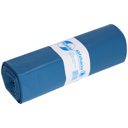 Eine blaue Rolle EMIL DEISS KG (GmbH + Co.) Müllsäcke (DEISS 10023, 700+200x1100x0,06 mm) mit einem weiß-blauen Etikett mit Text und Barcode, enthält 20 Stück pro Rolle.