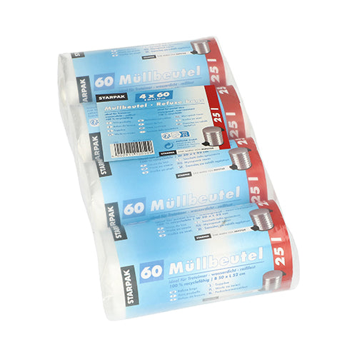 Négy tekercs Starpak 240 szemeteszsák, HDPE 25 l (52 x 50 cm), egyenként 60 átlátszó zsákkal, átlátszó műanyag csomagolásban, kék és piros német címkékkel szállítva - ideális a higiénikus hulladékkezeléshez.