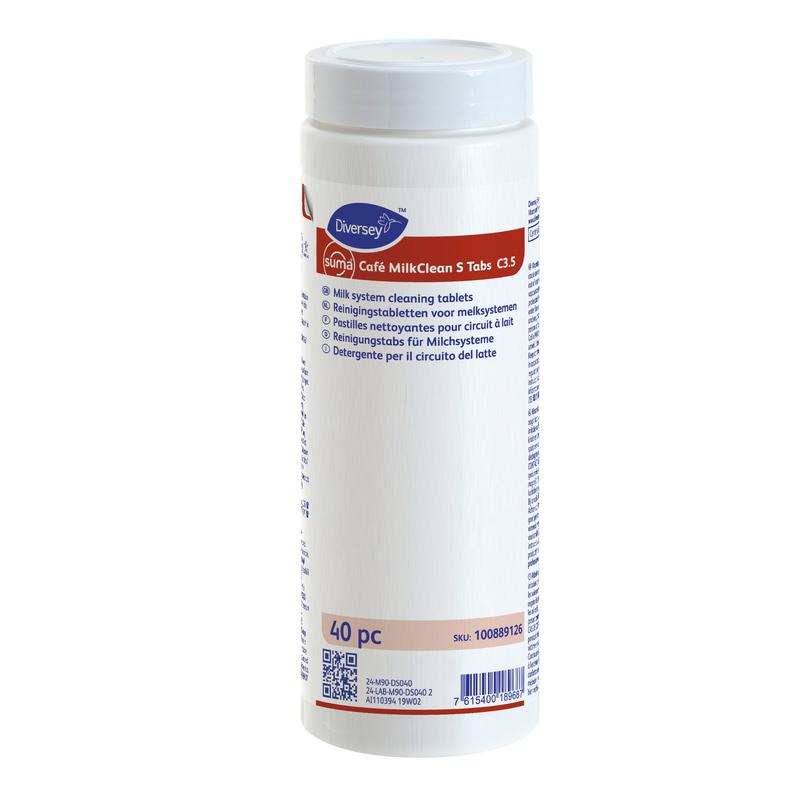 Ein weißer zylindrischer Behälter von Diversey Suma Cafe MilkCleanTabs S C3.5 (40 Stück), Reinigungstab für Espressomaschinen, zeigt auf dem Etikett Produktangaben und Hinweise zur Entfernung von Milchrückständen von Diversey Deutschland GmbH & Co. OHG.