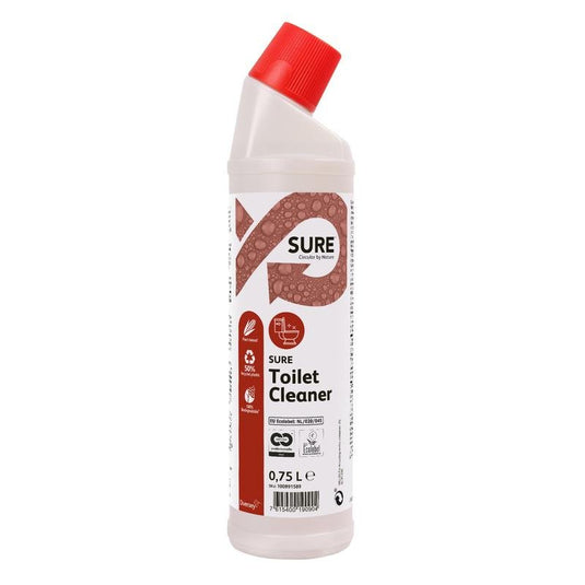 A Diversey Deutschland GmbH & Co. OHG gyártmányú, 0,75 literes, fehér műanyag palackban kapható SURE Toilet Cleaner WC- és piszoártisztító, piros szögzárral és piros-fehér címkével, hatékonyan tisztítja a WC-ket és a piszoárokat.