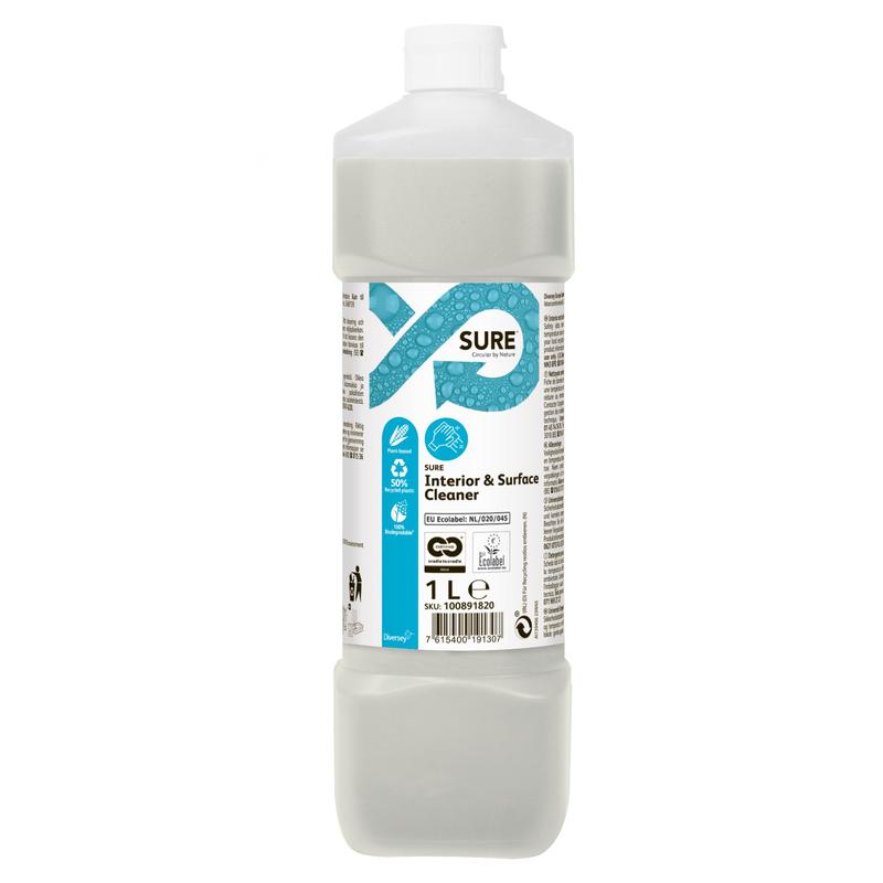 Egy 1 literes SURE Interior & Surface Cleaner, a Diversey Deutschland GmbH & Co. OHG által gyártott általános tisztítószer, fehér kupakkal és kék-fehér címkével. A tiszta vagy enyhén zavaros folyadék biológiailag lebomló és környezetbarát.