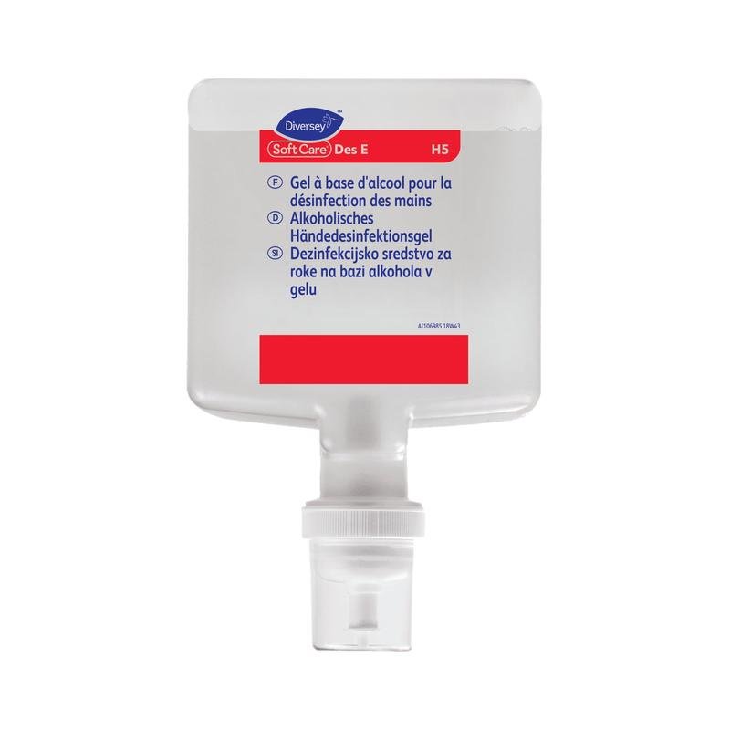 Egy téglalap alakú, átlátszó műanyag palack fehér kupakkal és piros címkével tartalmazza a Soft Care Des E H5-öt, a Diversey Deutschland GmbH & Co. OHG VAH-listás gél kézfertőtlenítőjét. A többnyelvű címke tájékoztat a használatról.
