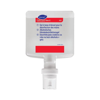 Egy téglalap alakú, átlátszó műanyag palack fehér kupakkal és piros címkével tartalmazza a Soft Care Des E H5-öt, a Diversey Deutschland GmbH & Co. OHG VAH-listás gél kézfertőtlenítőjét. A többnyelvű címke tájékoztat a használatról.