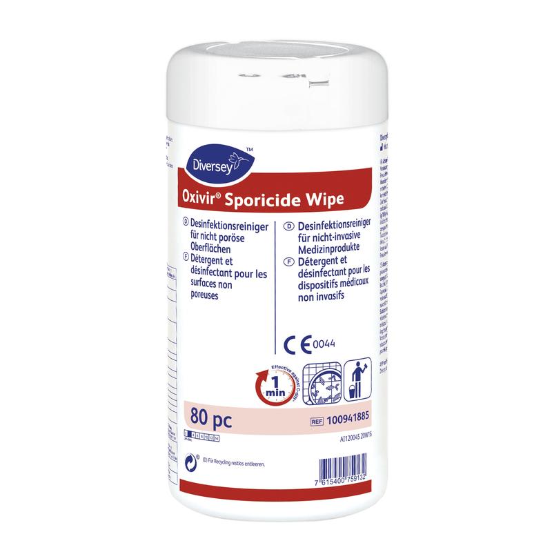 Ein weißer Behälter von Oxivir Sporicide Wipe, vorgetränkte Einmal-Tücher | Dose (80 Tücher) von Diversey Deutschland GmbH & Co. OHG verfügt über eine blau/rote Beschriftung, mehrsprachige Informationen und Symbole für die Flächendesinfektion und die Verwendung von Medizinprodukten.