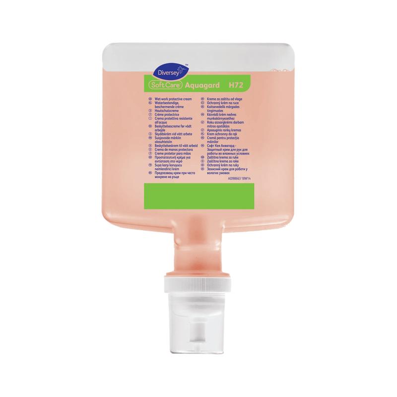 A Soft Care Aquagard bőrvédő krém patron (1300 ml) a Diversey Deutschland-tól téglalap alakú rózsaszín utántöltő csomagolással, fehér kupakkal és kék-zöld címkével rendelkezik, ideális napi használatra és külső védelemre, mint egy bőrvédő krém.