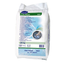 Ein 20 kg Sack Clax Classic 35A1 Vollwaschmittel von Diversey Deutschland, ideal für weiches bis mittelhartes Wasser, mit Gebrauchsanweisung und Produktinfo auf blau-weißer Verpackung - perfekt für gewerbliche Wäschereien.