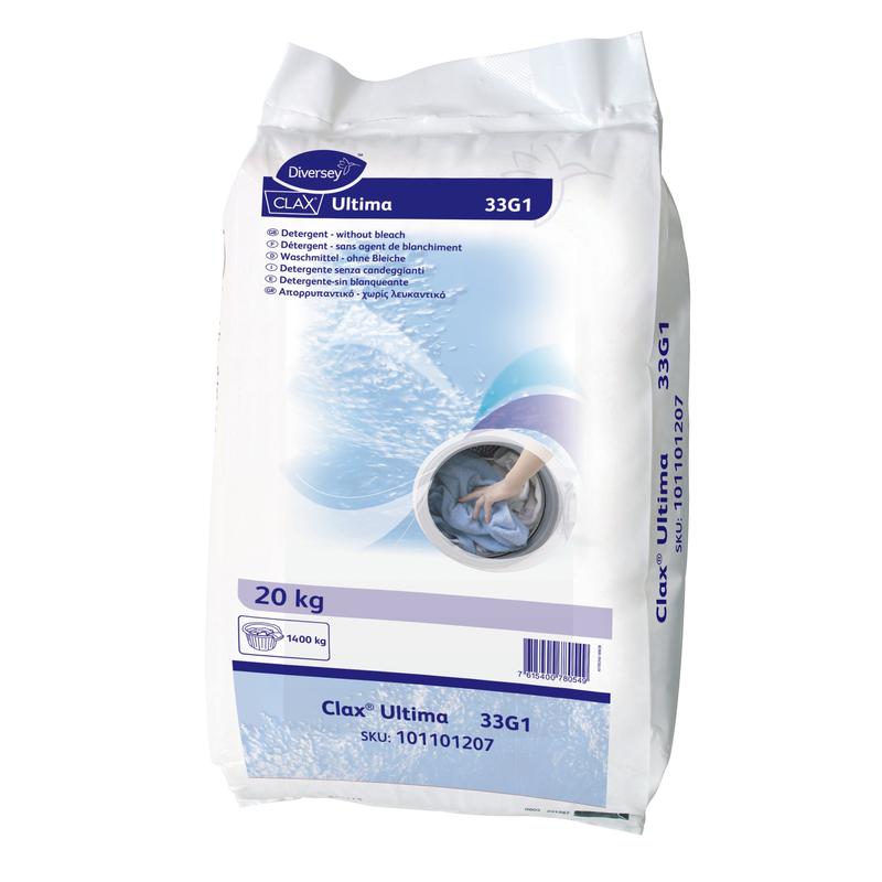 Egy 20 kg-os Clax Ultima 33G1 zsák, enzimes előmosó- és színes mosószer a Diversey Deutschland GmbH & Co. OHG-tól - ideális kereskedelmi mosodák számára és hatékony folteltávolításra.