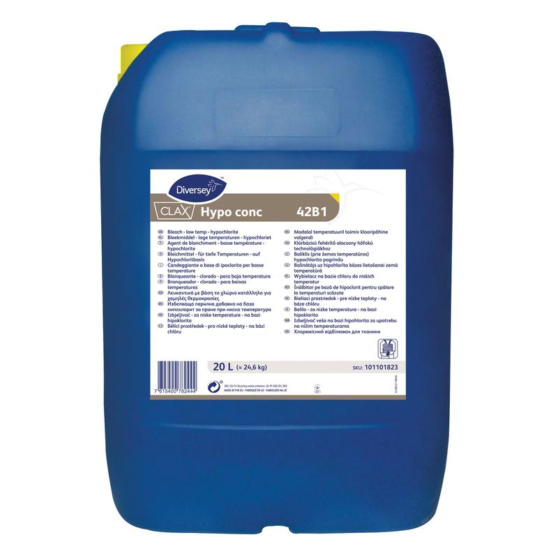 Egy kék 20 literes Clax Hypo conc 42B1 kann Diversey Deutschland-tól, egy nátrium-hipoklorit alapú folyékony fehérítőszer, nagy fehér, többnyelvű címkével és sárga kupakkal. Ideális ipari mosodák számára.