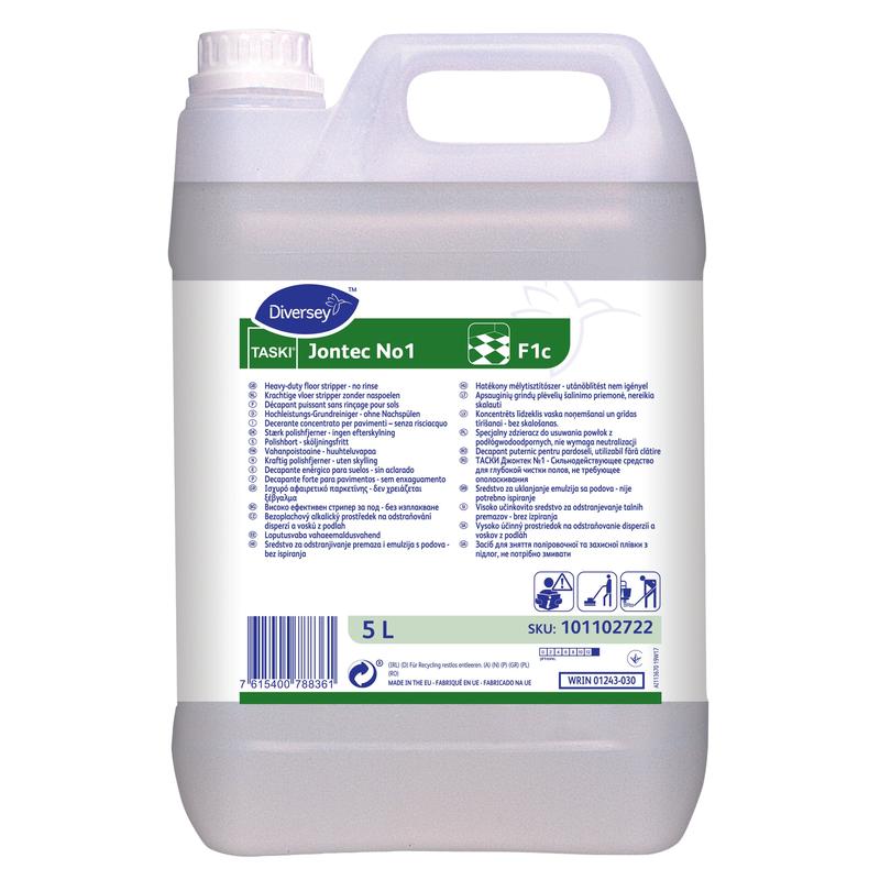 Egy 5 literes TASKI Jontec No1 kanniszter, a Diversey Deutschland GmbH & Co. OHG által gyártott, minden lúgálló padlóburkolathoz alkalmas nagy teljesítményű tisztítószer, fehér csavaros kupakkal, fogantyúval, kétnyelvű útmutatóval, zöld márkajelzéssel és SKU 101102722.