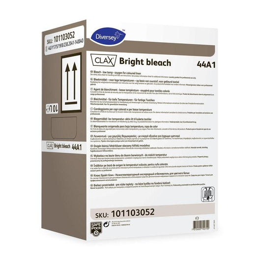 A Diversey Deutschland GmbH & Co. OHG gyártmányú, „Clax Bright Bleach 44A1 színes ruhákhoz való fehérítő” felirattal ellátott téglalap alakú tartály, többnyelvű termékinformációkkal, használati utasítással és figyelmeztetésekkel. Hatékony színes ruhák és makacs foltok esetén. Cikkszám: 101103052.