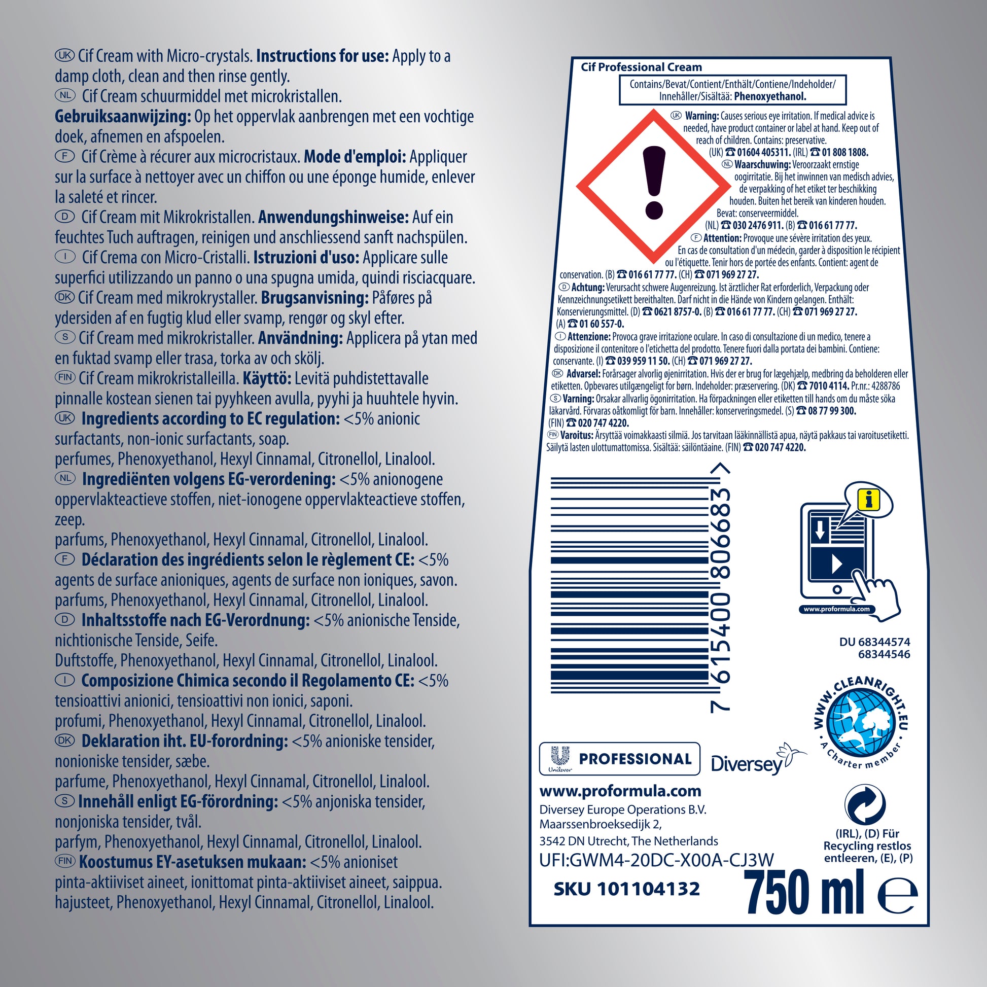 Eine Nahaufnahme des Produktetiketts für Cif Professional Scheuermilch Original von Diversey hebt die leistungsstarke Reinigungskraft hervor. Das Etikett enthält Anweisungen und Inhaltsstoffe in verschiedenen Sprachen, Sicherheitssymbole, einen Strichcode, eine 750-ml-Volumenangabe und die Kontaktinformationen des Herstellers.