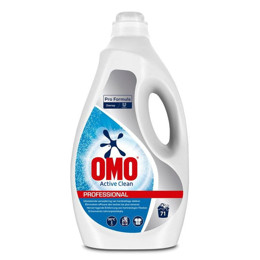 A Diversey Deutschland GmbH & Co. OHG gyártmányú, fehér, 5 literes Omo Professional Active Clean folyékony teljes hatású mosószer palackján kék címke található, amelyen a „Pro Formula”, „Hatékony folttisztítás” feliratok, valamint több nyelven megadott információk szerepelnek; a termék 71 mosási ciklusra elegendő.