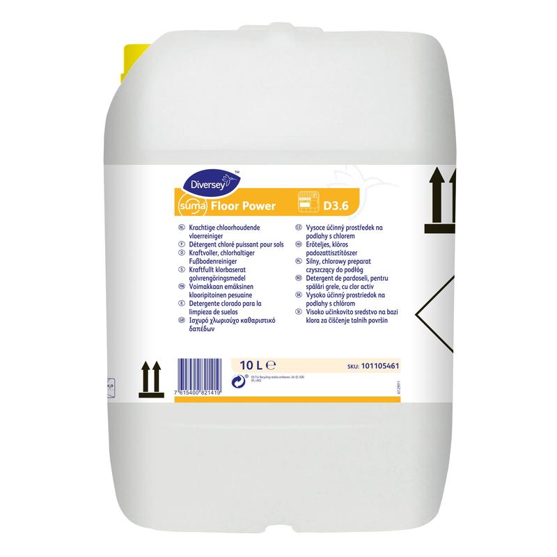Egy 10 literes Suma Floor Power D3.6 kanniszter, egy klóralkalikus padlótisztító a Diversey Deutschland GmbH & Co. OHG-tól, sárga fedéllel és többnyelvű címkével, amely utasításokat és fekete szimbólumokat tartalmaz.