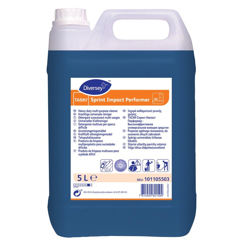 Egy 5 literes műanyag tartály TASKI Sprint Impact Performer-rel, a Diversey Deutschland GmbH & Co. OHG univerzális tisztítószere, kék címkével, amely több nyelven részletes tulajdonságokat és biztonsági információkat tartalmaz.