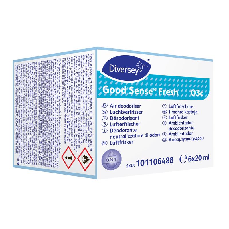 Eine Dose Good Sense Fresh Duftpatrone für das Good Sense Lufterfrischersystem (6 Stück) von Diversey Deutschland GmbH & Co. OHG, SKU 101106488, 6x20 ml, mit O.N.T.-Technologie für Fresh Scent und mehrsprachiger Beschriftung.