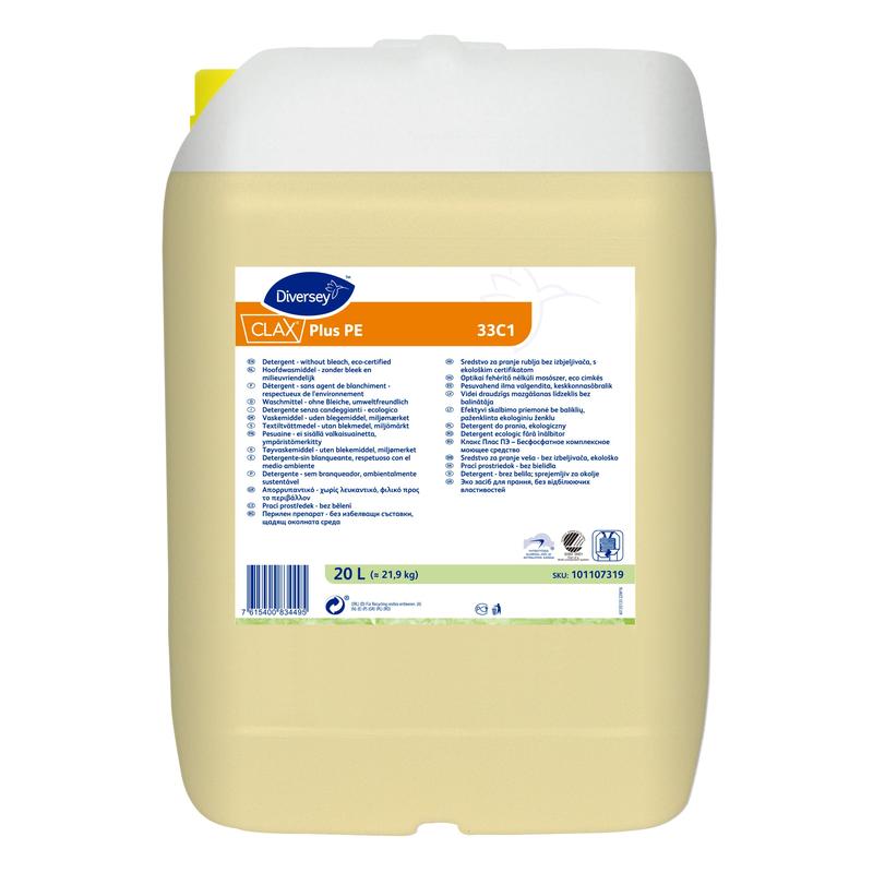 Egy 20 literes műanyag tartály Diversey Clax Plus Pur-Eco 33C1 mosószerrel (fehérítőszer nélkül, környezetbarát tanúsítvánnyal) a Diversey Deutschland GmbH & Co. OHG-tól, fehér záróval és többnyelvű termékinformációs címkével.