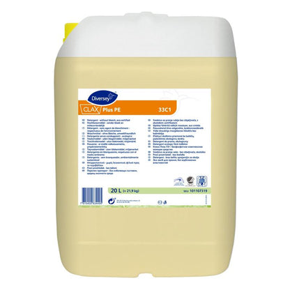 Egy 20 literes műanyag tartály Diversey Clax Plus Pur-Eco 33C1 mosószerrel (fehérítőszer nélkül, környezetbarát tanúsítvánnyal) a Diversey Deutschland GmbH & Co. OHG-tól, fehér záróval és többnyelvű termékinformációs címkével.