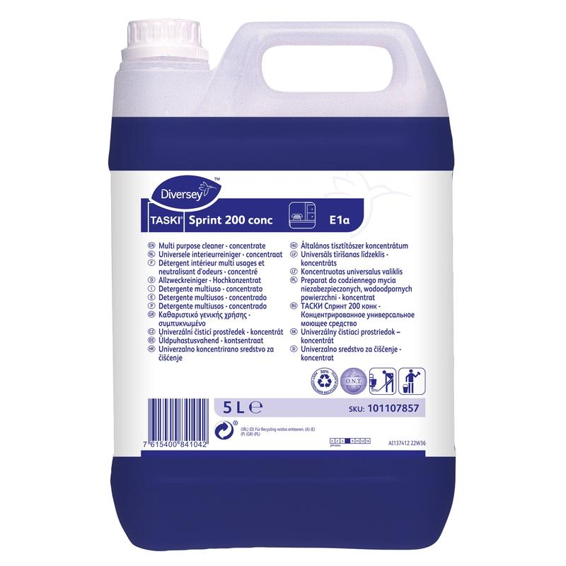 Egy 5 literes műanyag tartály a Diversey Deutschland GmbH & Co. OHG TASKI Sprint 200 conc alkoholos tisztítószer koncentrátumával, kék-fehér többnyelvű címkével és felül egy fogantyúval.