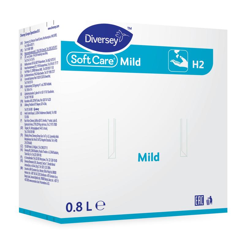 Egy fehér-kék doboz, amelyen a "Diversey Soft Care Mild" (800 ml) felirat szerepel, a Diversey Deutschland GmbH & Co. OHG cég terméke, kézmosási szimbólumot mutat, és a kézmosásra szánt gyengéd szappanlotiont hirdeti.