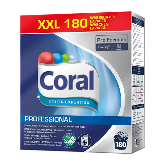 Egy doboz Coral Professional Color Expertise színes mosószer (180 mosásra elegendő, 8 kg por) a Diversey Deutschland GmbH & Co. OHG gyártmányában, „Pro Formula” márkajelzéssel, kék kivitelben, amely szín- és szálvédelmet biztosít a ragyogó színek érdekében.
