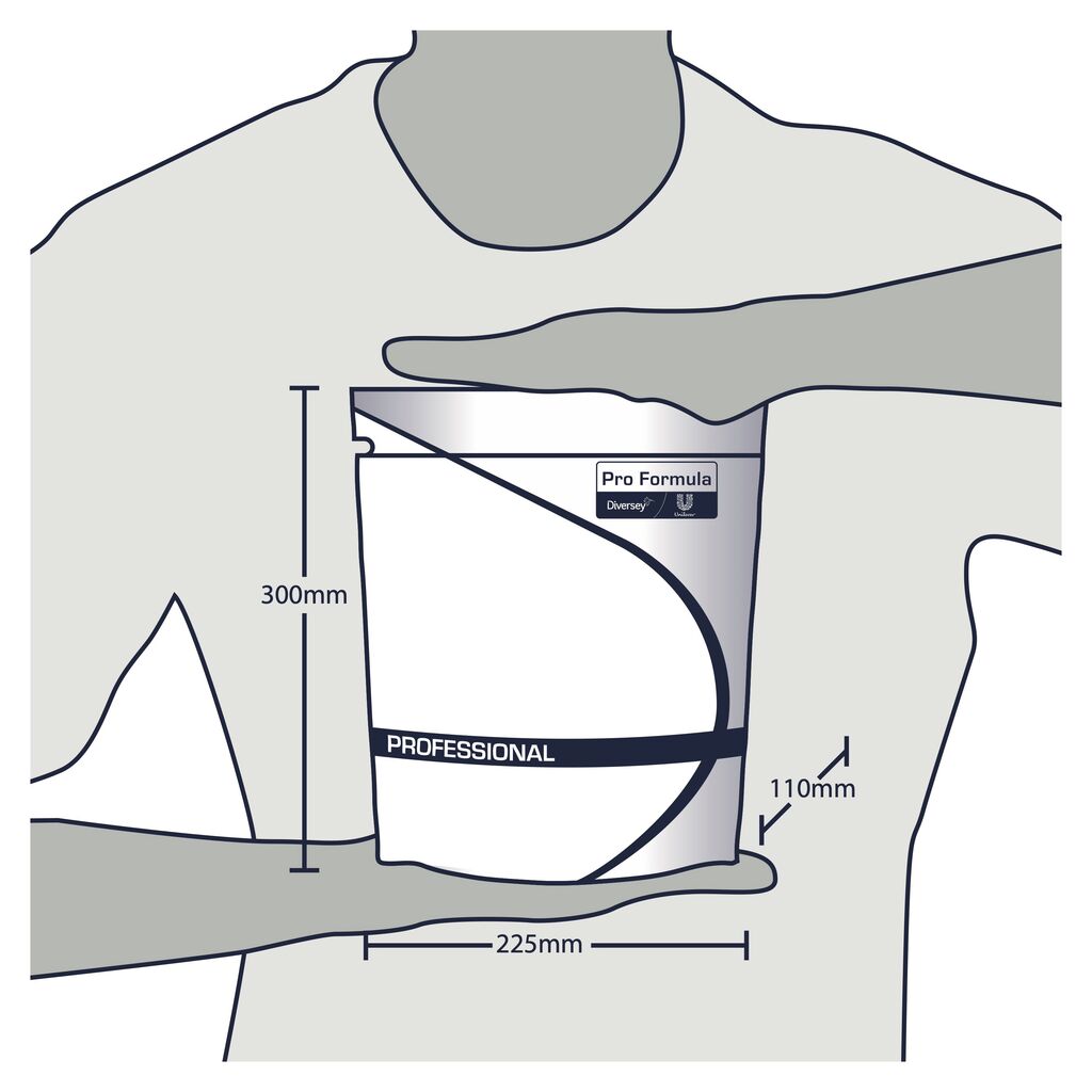 Illustration einer Person, die einen Beutel mit der Aufschrift "Sun Professional Optimum All in One" von Diversey Deutschland GmbH & Co. OHG für Spülmaschinenkapseln (52 Tabs); Abmessungen: 300mm hoch, 225mm breit, 110mm tief. Die Hände betonen die Größe des Beutels.