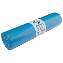 Eine Rolle DEISS 10306 Müllsäcke (800x1000 mm, Typ 70, blau, 25 Stück) von EMIL DEISS KG (GmbH + Co.) mit blau-weißem Etikett, ideal für die gewerbliche Abfallentsorgung, abgebildet auf weißem Hintergrund.