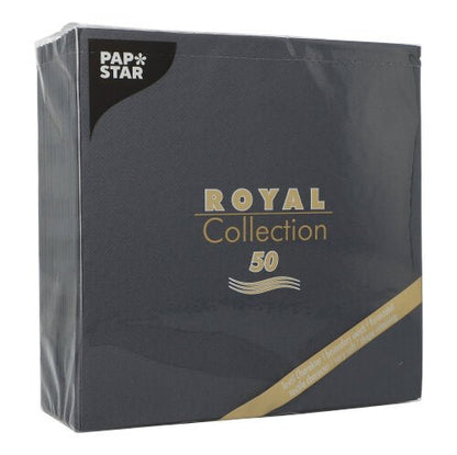 Ábrázolva egy 50 darabos PAPSTAR GmbH szalvéta "ROYAL Collection" 1/4-hajtású, 40 x 40 cm fekete, fekete szalvétákkal műanyag csomagolásban elegáns arany-fehér felirattal.