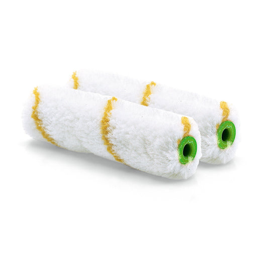 Zwei Nölle Profi Brush Bürsten- & Pinseltechnik e.K. Kleinflächenwalze Gelbfaden Florhöhe 12 mm Walzenbezüge mit gelben Streifen und grünen Enden sind nebeneinander auf weißem Grund angeordnet.