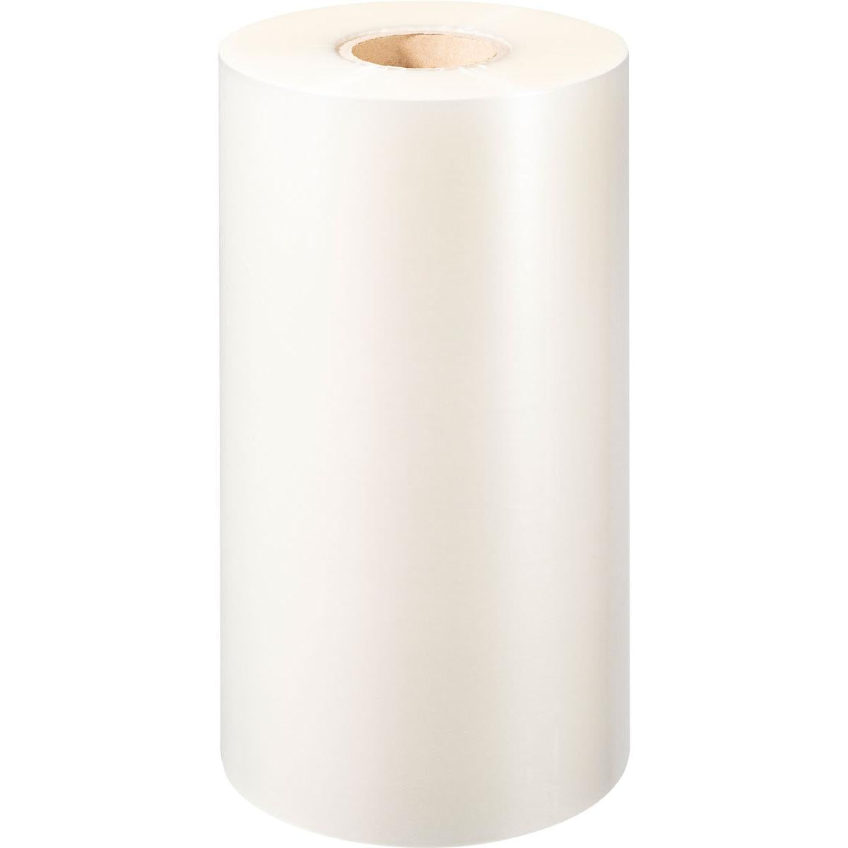 Eine große, aufrecht stehende Rolle der Duni GmbH PP-Siegelfolie Antifog mit Pappkern wird vor einem weißen Hintergrund präsentiert - perfekt für Lebensmittelverpackungen.