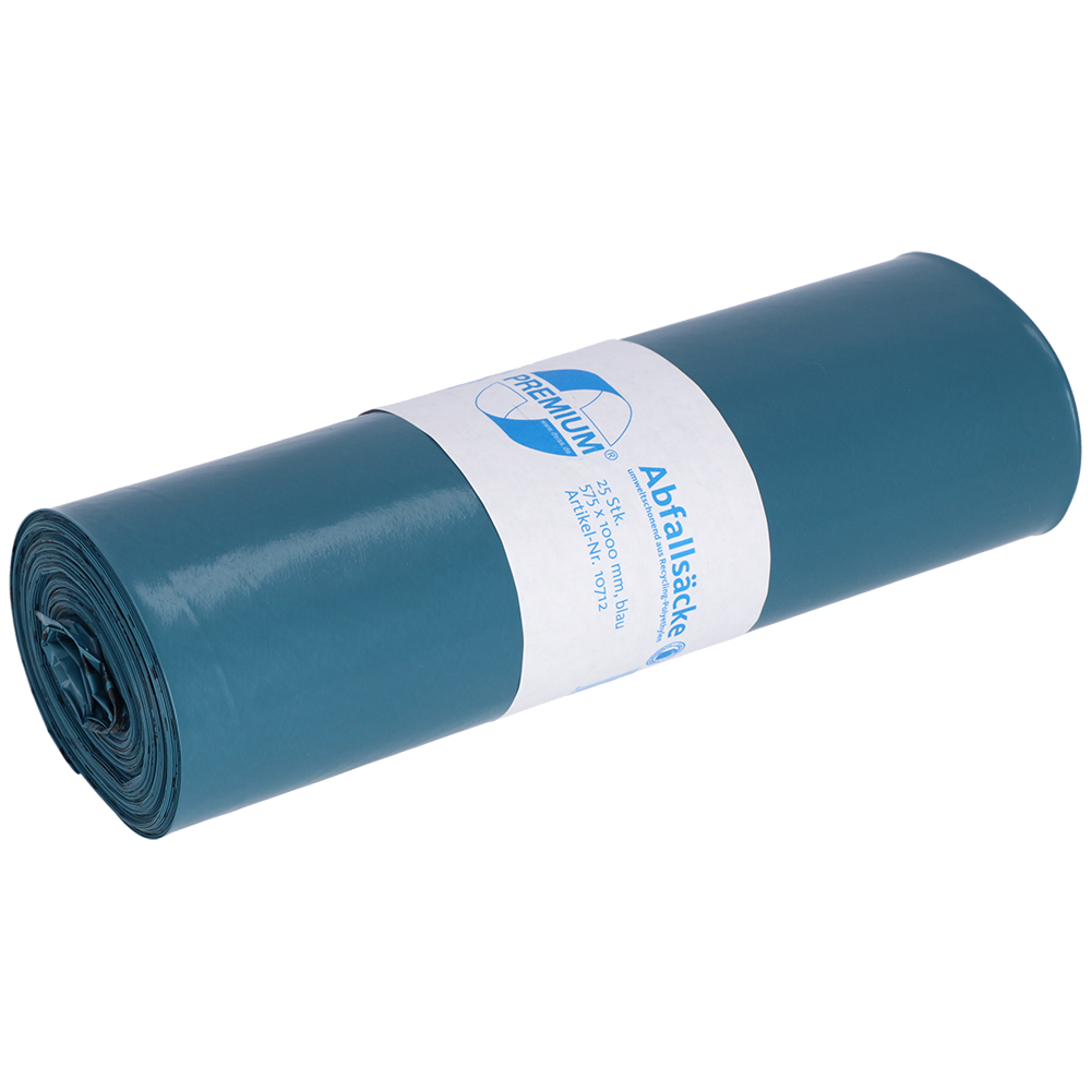 Ein aufgerollter blauer DEISS Müllsack (70 l, 575x1000x0,06 mm, Recycling-LDPE) der EMIL DEISS KG (GmbH + Co.) ist mit einem weißen Etikett mit Logo versehen, das auf unifarbenem Hintergrund seine Entsorgungsfreundlichkeit betont.