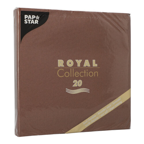 Egy barna négyzet alakú csomag PAPSTAR 20 szalvéta "ROYAL Collection" 1/4-hajtás (40x40 cm) a PAPSTAR GmbH-tól, arany és fehér felirattal, átlátszó műanyagba csomagolva - ideális az asztaldekorációhoz.