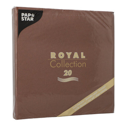 Egy barna négyzet alakú csomag PAPSTAR 20 szalvéta "ROYAL Collection" 1/4-hajtás (40x40 cm) a PAPSTAR GmbH-tól, arany és fehér felirattal, átlátszó műanyagba csomagolva - ideális az asztaldekorációhoz.