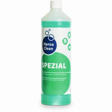 Egy 1 literes Dr. Schumacher HANSA CLEAN SPEZIAL palack a Dr. Schumacher GmbH-tól fehér kupakkal, zöld folyadékkal és fehér-zöld címkével, kék akcentusokkal hangsúlyozza a makacs szennyeződések elleni erőt.