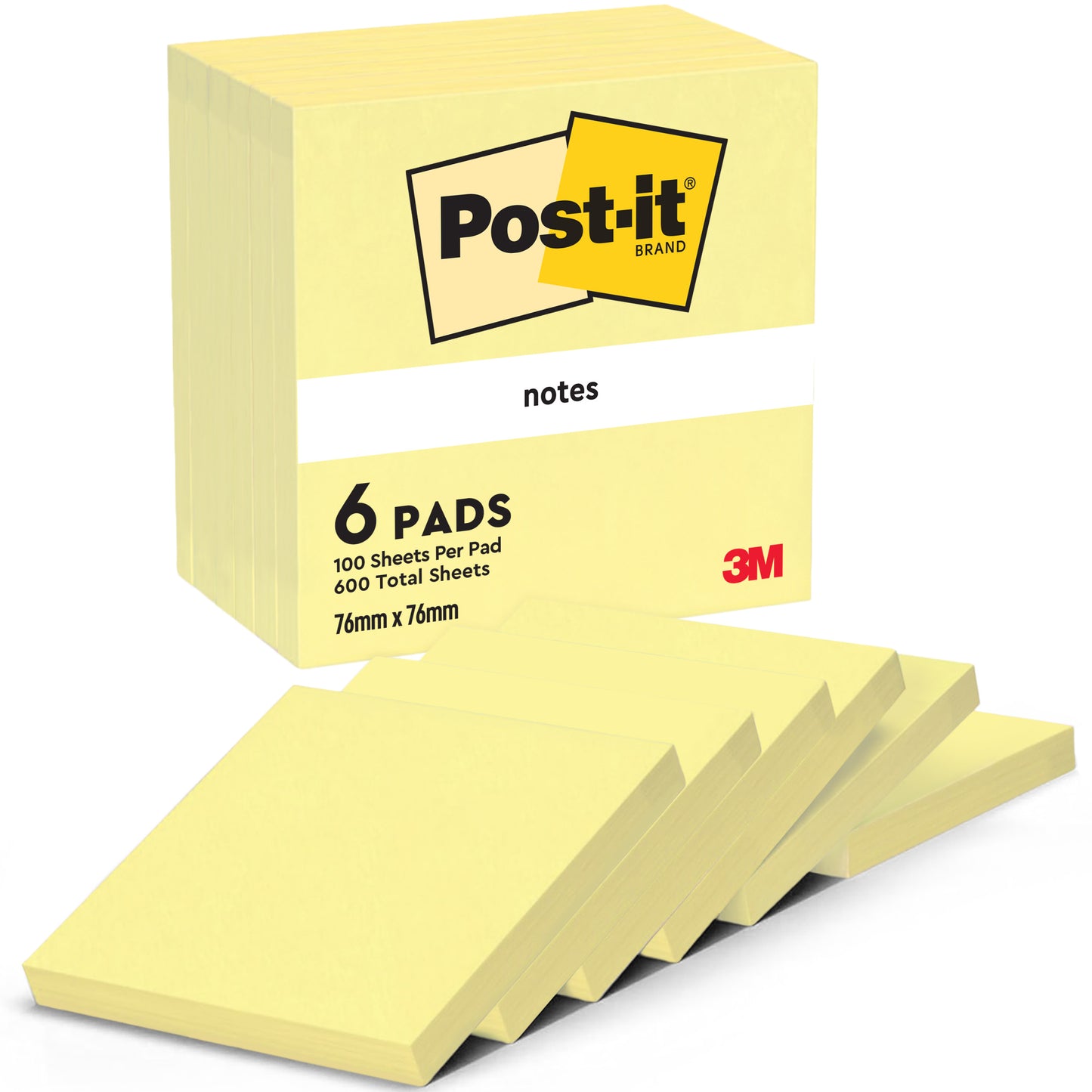 Egy csomag hat Post-it® jegyzet a 3M Deutschland GmbH-tól (76 mm x 76 mm, 100 lap/blokk, 100 % PEFC) legyezőszerűen ábrázolva, a márka és a logó a csomagoláson látható.