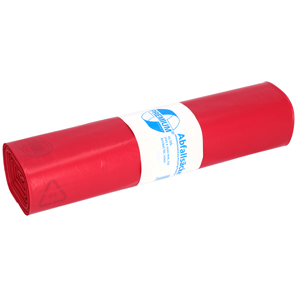 A képen egy EMIL DEISS KG (GmbH + Co.) DEISS 11001 piros szemeteszsák (700x1100 mm, 60-as típus, 25 darab) látható, fehér-kék címkével szállításhoz és tároláshoz, egyszínű fehér háttéren.