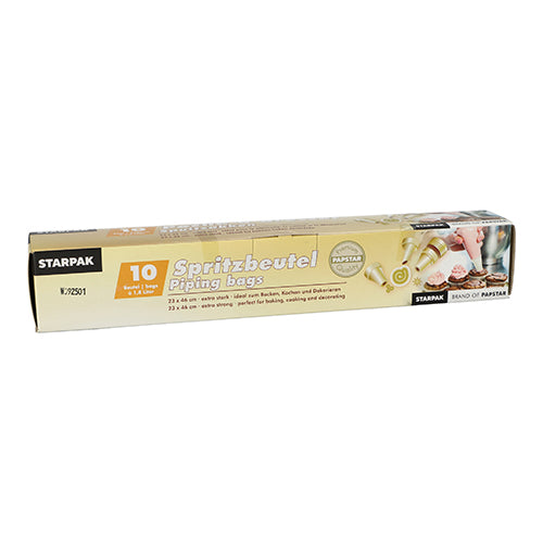 A Starpak 10 habzsák készlet tíz átlátszó habzsákot tartalmaz (1,8 l, 46 x 23 cm) három díszítőcsővel egy hajtogatott dobozban. Ideális süteményekhez, sütési dekorációkhoz vagy a konyhába. A csomagolás német és angol szövegeket, valamint termékképeket tartalmaz.